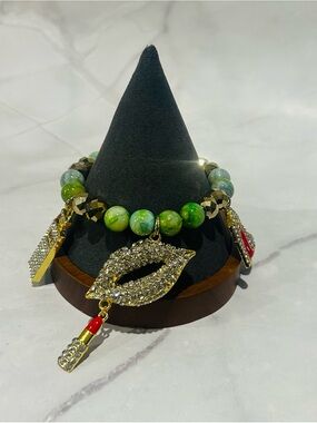 Green Jasper Beaded Lip & Lipstick Charm Bracelet -Handmade